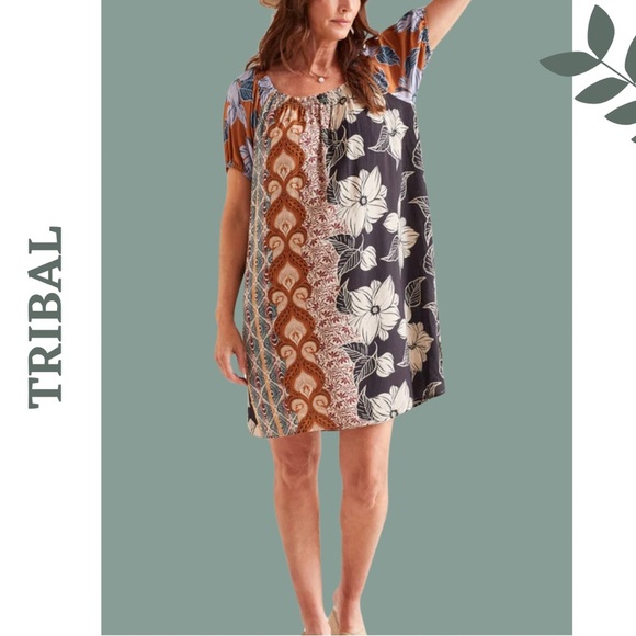 Tribal Dress With Bubble Sleeves Swimsuit Cover Up Black Brown Blue - Picture 1 of 8